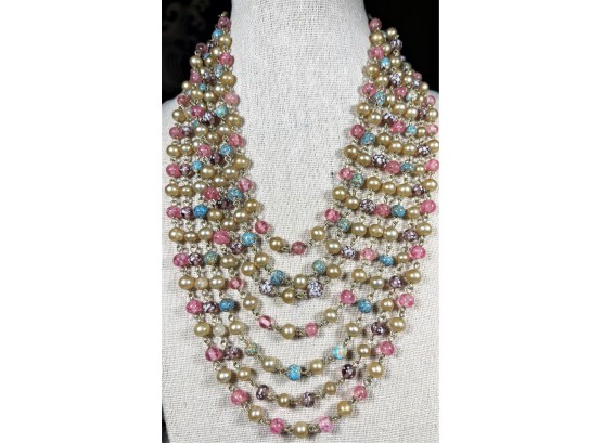 Amazing Multi Strand Glass Beaded Necklace 1950s 1960s, Multi Colored