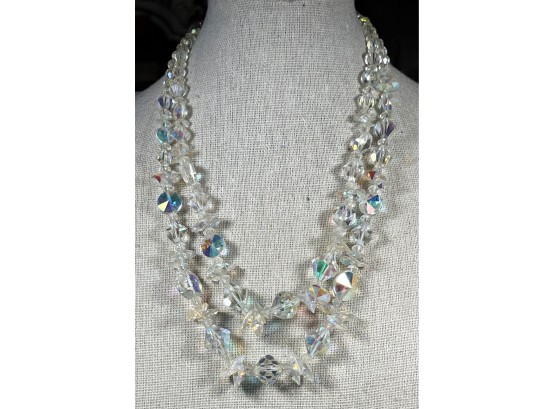 Fancy Vintage Double Strand Aurora Borealis Glass Beaded Necklace 1960s