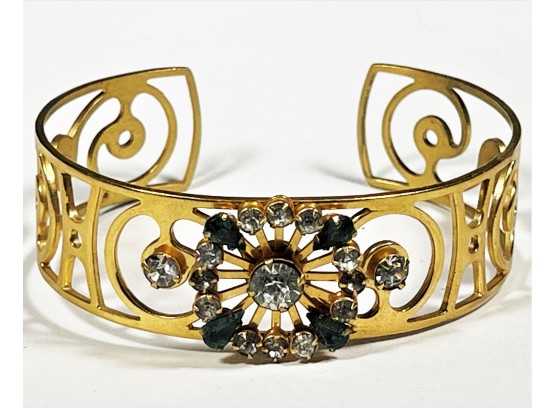 Vintage Gold Tone Cuff Bracelet With Rhinestones Openworked