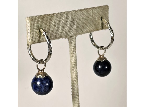 Sterling Silver Lapis Stone Hoop And Bead Pierced Earrings