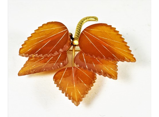 Vintage Genuine Amber Gold Tone Leaf Form Brooch