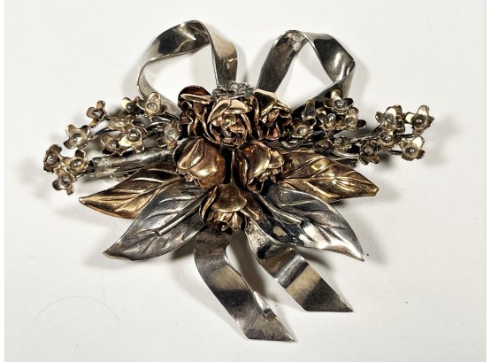 Very Large Signed Hobe Sterling Silver & Gold Floral Bouquet & Bow Brooch