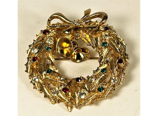 Good Quality Gold Tone Rhinestone Christmas Wreath W Bells Brooch