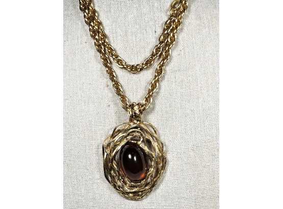 Signed Napier 1960s Gold Tone Amber Stone Necklace W Large Pendant