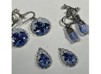 Two Pair Ceramic And Sterling And Enamel Delft Earrings And Two Pendants.
