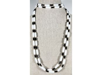 Vintage White Black Glass Beaded Necklace 60' Long