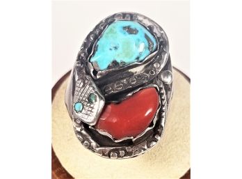 Antique Native American Men's Ring With Snake Turquoise & Coral