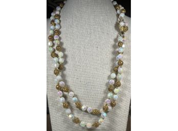 Vintage Double Strand Glass And Gold Tone Beaded Iridescent  Necklace