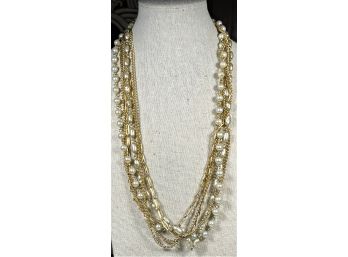 Vintage 1960s Gold Tone Faux Pearl Multi Strand Necklace