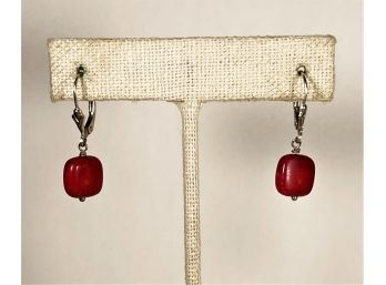 Pair Sterling Silver Pierced Earrings With Red Stones