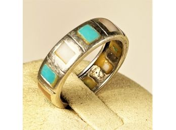 Vintage Sterling Silver Turquoise Mother Of Pearl Inlaid Band Ring About Size 8