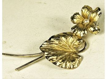 Vintage Gold Over Sterling Silver Floral Brooch With Pearl