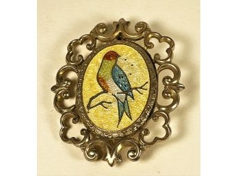 Victorian Brooch With Enamel Bird On Branch Guilloche Gold Plated Brass