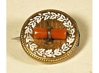 Victorian Gold Filled Pin Coral & White Enamel