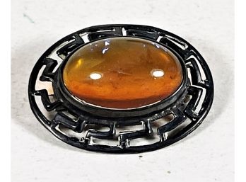 Vintage Art Deco Sterling Silver Jelly Opal Type Stone Brooch Pin Greek Key