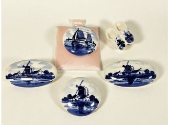 Lot Five Vintage Blue White Delft Brooches And Pins