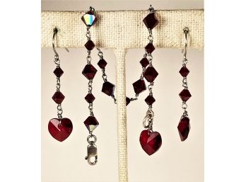 Sterling Silver Bracelet And Matching Pierced Earrings Ruby Red Glass Stones Beads