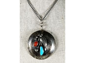 Signed Antique Native American Indian Sterling Silver Medallion Necklace Turquoise Coral