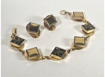 1960s Gold Tone And Ceramic Tile Kitchy Bracelet And Ear Clips