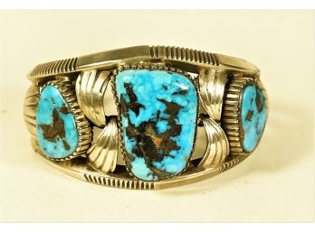 Large And Heavy Sterling Silver Native American Turquoise Cuff Bracelet