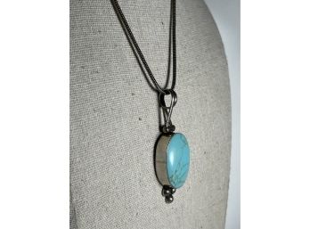 Large Sterling Silver 925 Turquoise Pendant On Snake-like Silver Tone Chain