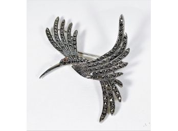 Large Sterling Silver Vintage Flying Hummingbird Brooch Marcasites