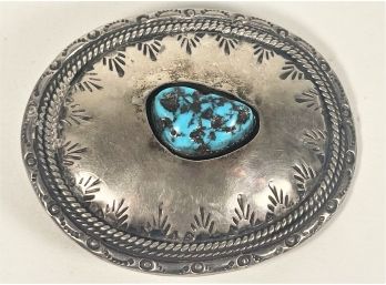 Very Large Antique American Indian Sterling Silver Concho With Turquoise Stone
