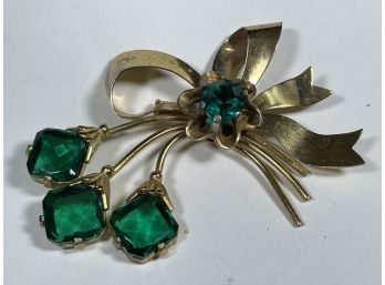 Large Retro Gold Tone Costume Brooch Floral Spray Green Stones