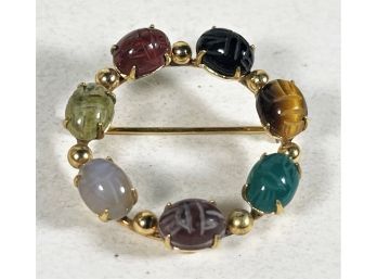 Gold Filled Vintage Carved Scarab Circular Brooch Semiprecious Stones