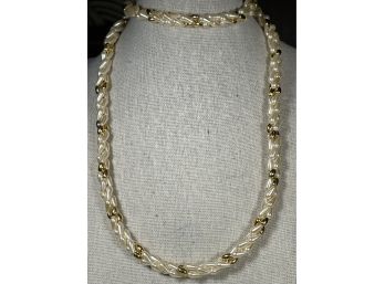 1980s Faux Pearl & Gold Tone Braided Necklace By Napier 28' Long