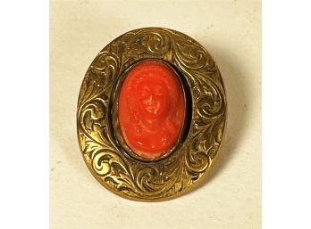 Victorian 1920s Revival Glass Coral Cameo Pin Brooch
