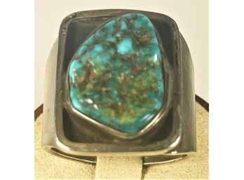 Large Antique Native American Sterling Silver Turquoise Ring With Large Stonn