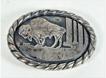 Large Native American Indian Sterling Silver Belt Buckle With Buffalo