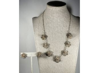 Antique Solid Silver Filigree Floral Necklace & Earrings Suite