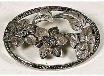 Sterling Silver Vintage Rhodium Plated Brooch With Marcasites Large