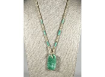 Flapper Era Faux Pearl And Jadeite Glass Pendant Necklace
