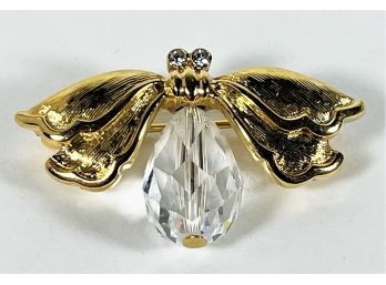1980s Signed Monet Gold Tone Crystal Bug Brooch Pin