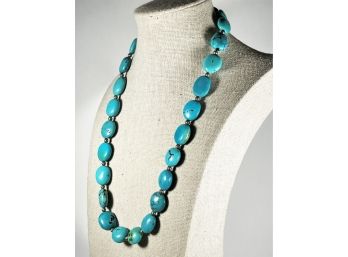 Genuine Turquoise Stone Beaded Necklace W Silver Clasp