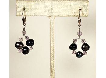 Contemporary Sterling Silver Pearl And Amethyst Pierced Earrings 925
