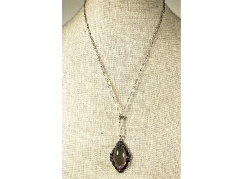Art Deco Sterling Silver Necklace W Pendant Jelly Opal Like Stone