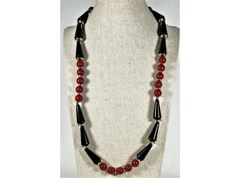 1980s Signed Napier Black And Red Plastic Beaded Necklace