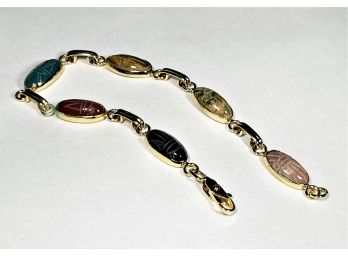 Vintage Gold Tone Slender Genuine Semiprecious Stone Scarab Bracelet