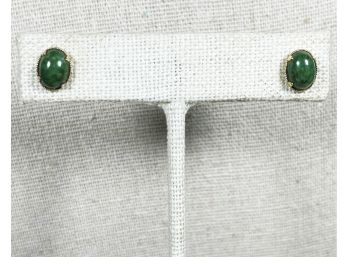 Vintage Genuine Jade Stone Pierced Earrings Gold Settings