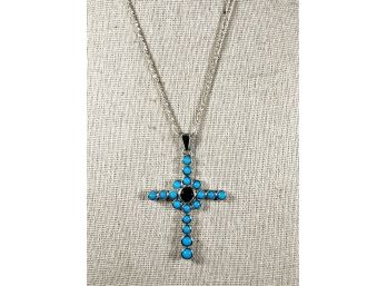 Fine Contemporary Sterling Silver Turquoise & Garnet Cross Pendant On Sterling Silver Chain