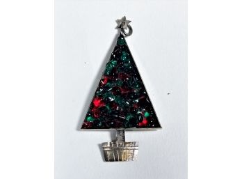 Vintage Silver Christmas Tree Pendant W Colorful Center