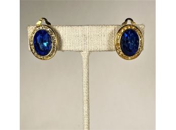Vintage Gold Tone Ear Clips Blue And White Stones Designer Look