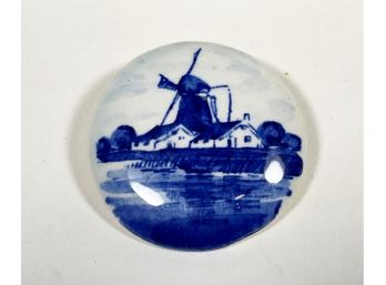 Signed Delft Ceramic Blue And White Windmill Brooch