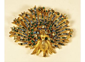 Vintage Gold Tone Signed Rhinestone Peacock Brooch