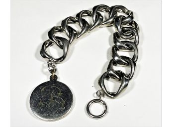 Vintage Rhodium Plated Wide Link Bracelet W 'B' Monogram Charm