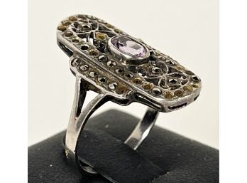 Art Deco Sterling Silver Marcasite Ring W Amethyst Stone As/is